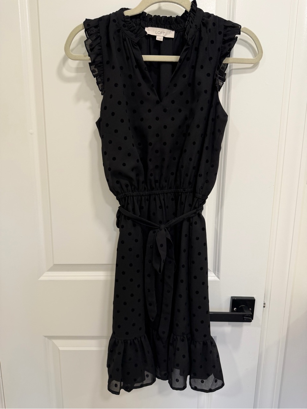 LOFT Black Polka Dot Ruffle Midi Dress